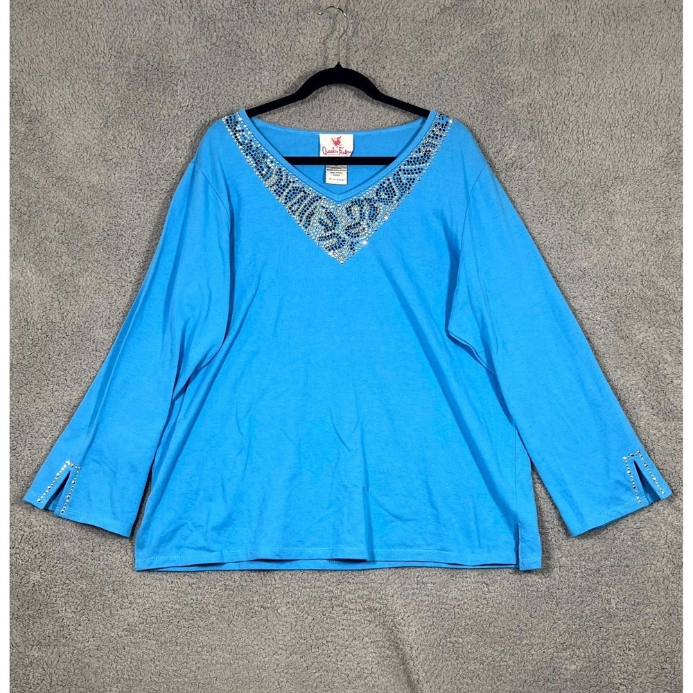 Quacker Factory Blouse Womens 1X Blue Cotton Embellished Rhinestones V Neck